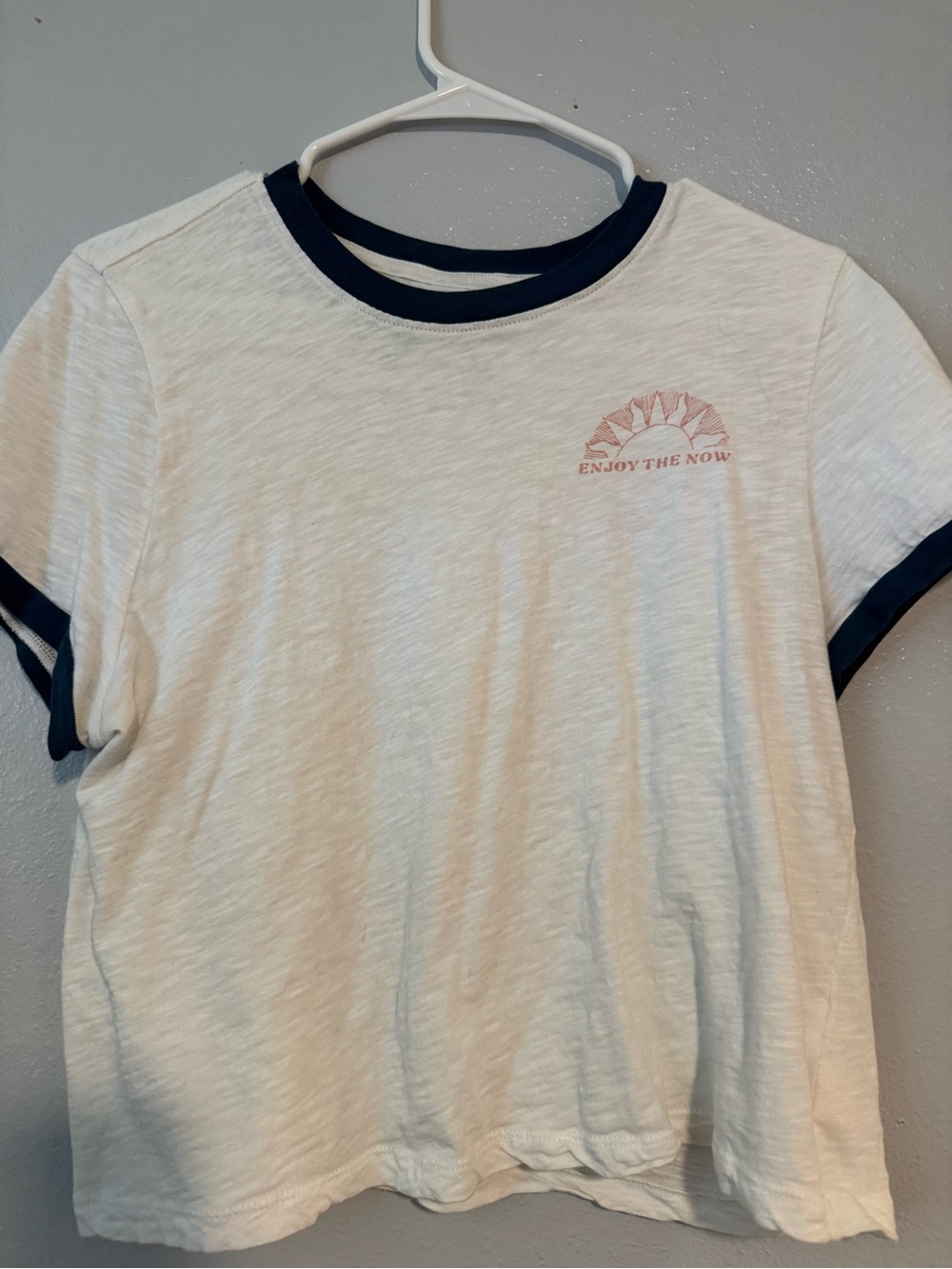 Spiritual gangster White Ringer crop Tee with Navy Trim and Pink Sun Graphic